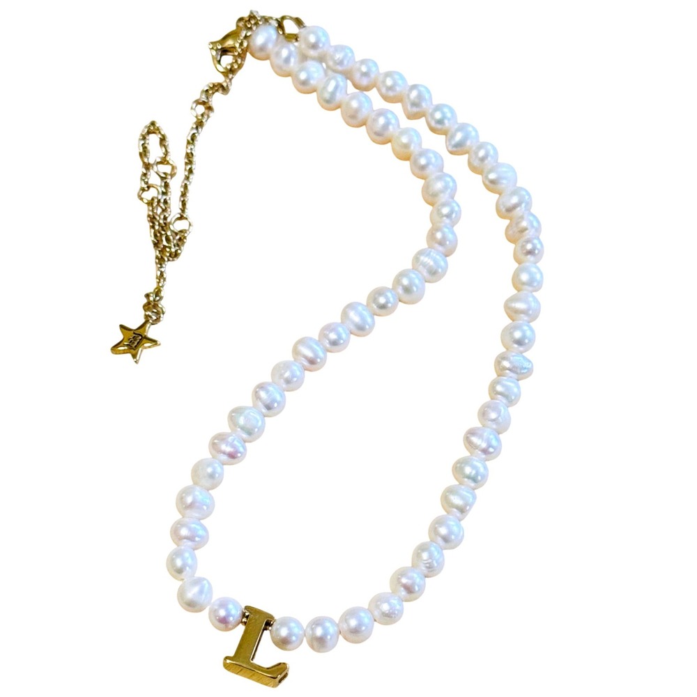 Dalmata Initial letter "L" Pearl Necklace gold plated Freshwater‎ beaded choker